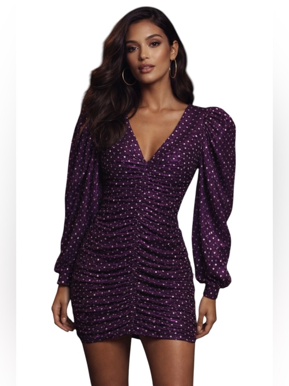 For Love and Lemons Purple La Villette Ruched Polka Dot Mini Dress Size M